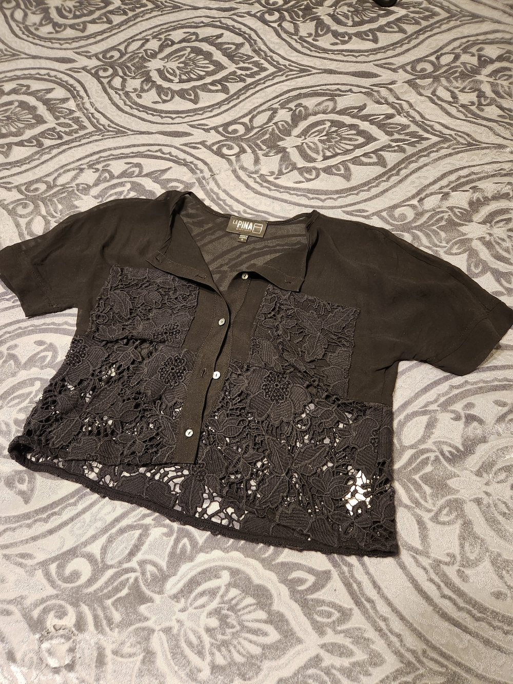 Black Silk And Crochet Cropped Blouse